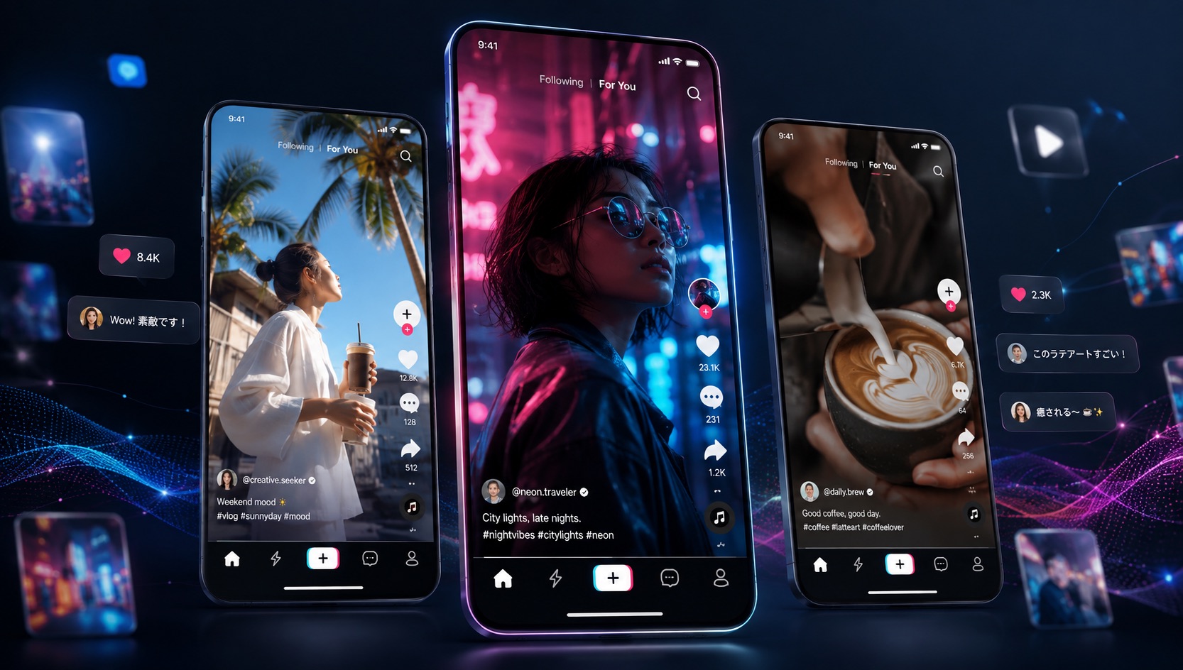 縦型ショート動画の投稿クリエイティブが並ぶスマートフォン画面のイメージ